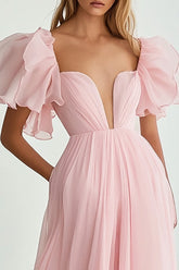 Rosa A-Linie Herzausschnitt Langes Ballkleid mit Rüschen und Ärmeln